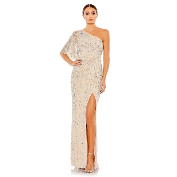 Mac Duggal Gown Dress Size 2 Floral Embellished One Shoulder Draped 93635 $698